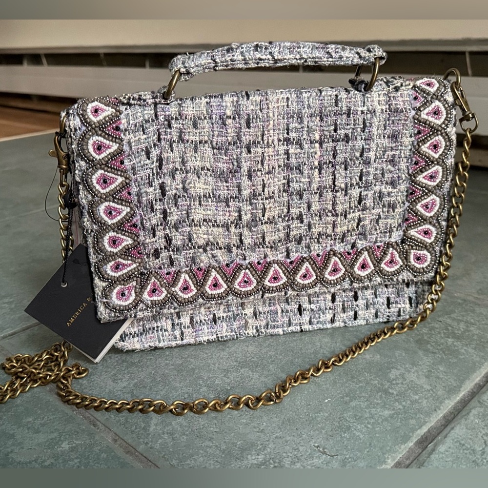 NWT America & Beyond | Coco Classic | tweed and beaded chain flap crossbody